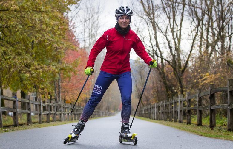 Martha Bellisle, an AP global investigations reporter by day and a top-flight biathlon athlete, trains on roller-skis for a competition on a trail on the east side of Lake Sammamish Monday, November 28, 2022.
222302