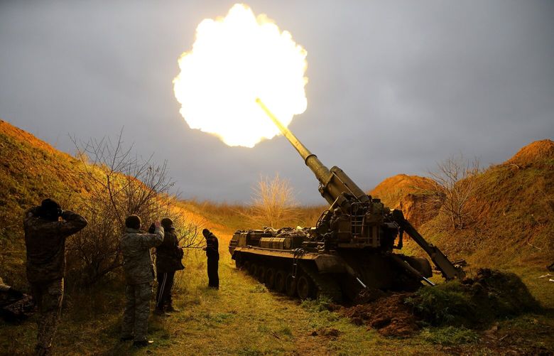 A Ukrainian Pion self-propelled cannon fires toward a Russian ammunition depot across the Dnieper River in Ukraineâ€™s southern Kherson region on Thursday, Dec. 1, 2022. Russian shellfire has crashed into the power grid in the southern city of Kherson, Ukrainian officials said on Thursday, cutting power to beleaguered residents and illustrating the problem for Ukraine as it races to restore basic utilities damaged by weeks of Russian strikes. (Finbarr Oâ€™Reilly/The New York Times) XNYT79 XNYT79