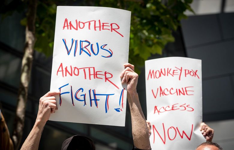 A July 18 rally in San Francisco demands that the federal government respond quickly to this year’s monkeypox outbreak. MUST CREDIT: Photo for The Washington Post by Marlena Sloss