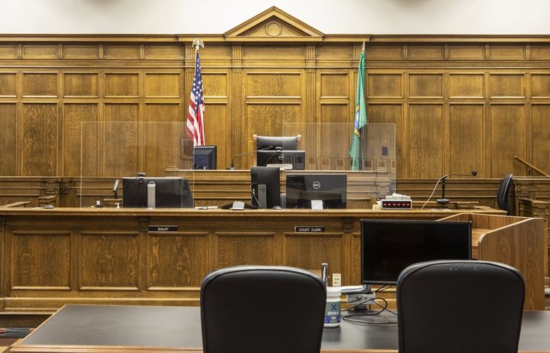 Thursday, July 8, 2021.    King County Superior Courtroom for presiding Judge Jim Rogers. Many people have testified before the King County Council’s budget committee to request additional funds to address the criminal case backlog.   217582