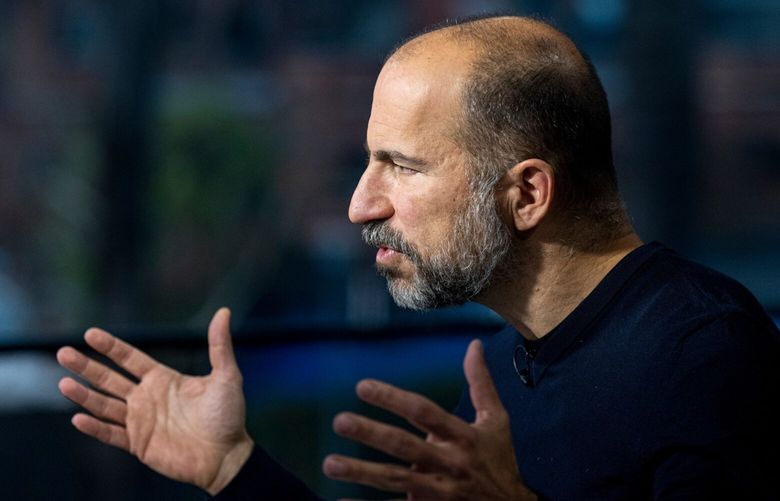 Dara Khosrowshahi, chief executive officer of Uber Technologies Inc., speaks during a Bloomberg Technology television interview in San Francisco, California, U.S., on Tuesday, Dec. 14, 2021. Photographer: David Paul Morris/Bloomberg