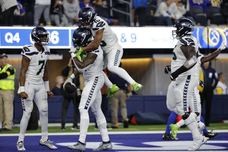 The Seattle Seahawks celebrate DK Metcalf’s fourth quarter touchdown against the Los Angeles Rams Sunday, December 4, 2022 at SoFi Stadium, in Los Angeles, CA. (Dean Rutz / The Seattle Times)