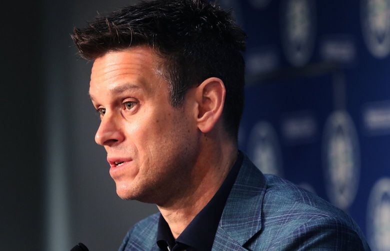 Mariners President of Baseball Operations Jerry Dipoto speaks at a press conference where recently signed left-handed pitcher Robbie Ray is introduced at Mobile Park Wednesday, December 1, 2021.  Dipoto announces that Ray has just signed a 5-year Major League contract with the Mariners.
 218949