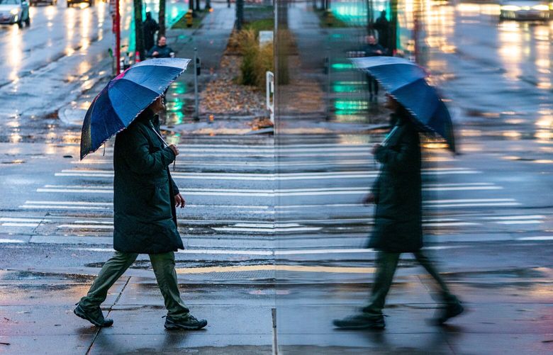 A pedestrian walks through South Lake Union on a rainy Sunday, Dec. 4, 2022.