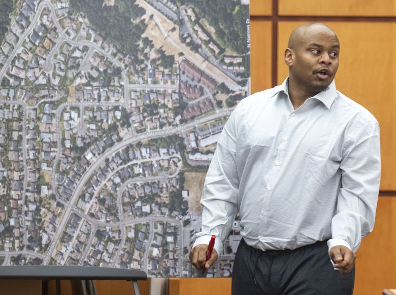 Sedrick Altheimer testifies as to where he was driving on his paper route the night he encountered Pierce County Sheriff Ed Troyer on Tuesday, Dec. 6, 2022, in Pierce County District Court in Tacoma, Wash.  (Pete Caster / Pete Caster / The News Tribune)