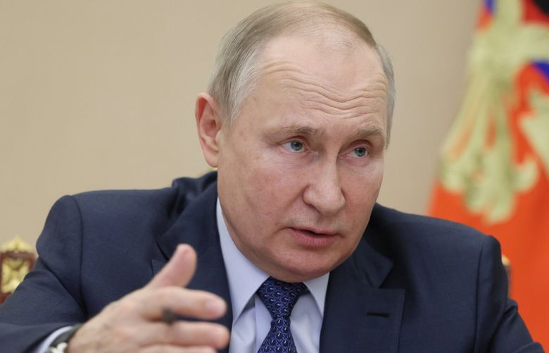 Russian President Vladimir Putin gestures while speaking during the annual meeting of the Presidential Council for Civil Society and Human Rights via videoconference in Moscow, Russia, Wednesday, Dec. 7, 2022. (Mikhail Metzel, Sputnik, Kremlin Pool Photo via AP) XAZ140 XAZ140