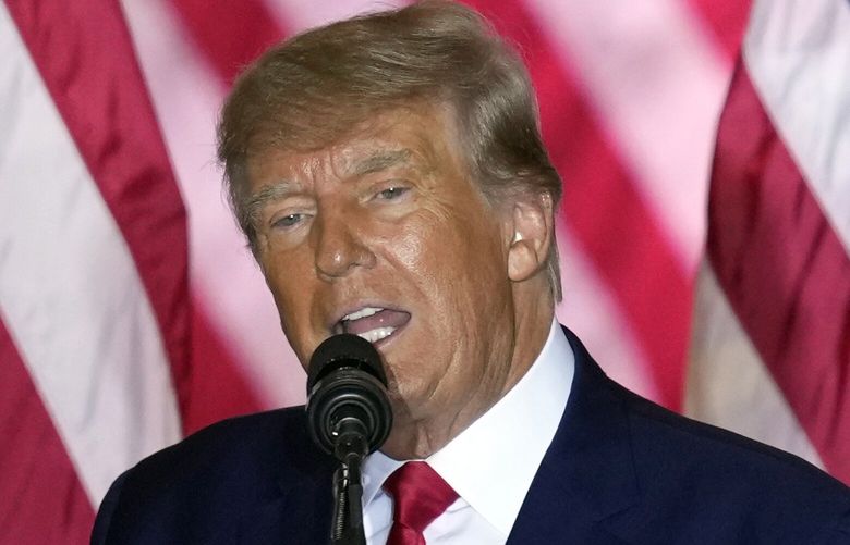 FILE – Former President Donald Trump announces a third run for president as he speaks at Mar-a-Lago in Palm Beach, Fla., Nov. 15, 2022. Jurors in the Trump Organizationâ€™s criminal tax fraud deliberated for a second day Tuesday, Dec. 6, weighing charges that Trumpâ€™s company helped executives dodge personal income taxes on perks such as Manhattan apartments and luxury cars. (AP Photo/Rebecca Blackwell, File) NYSS213 NYSS213