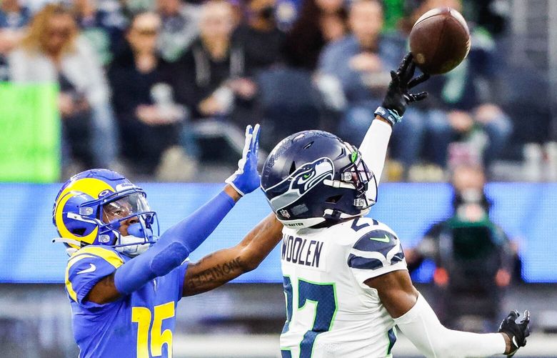 Tariq Woolen gets his hands on the pass intended for Tutu Atwell in the third quarter. 222344