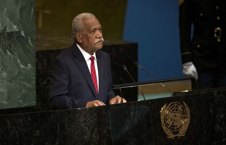 FILE – President Nikenike Vurobaravu of Vanuatu addresses the United Nations General Assembly at U.N. headquarters in New York on Sept. 23, 2022. Vanuatu wants a top international court to weigh in on whether nations are legally bound to protect against climate risks. (Dave Sanders/The New York Times) XNYT12 XNYT12