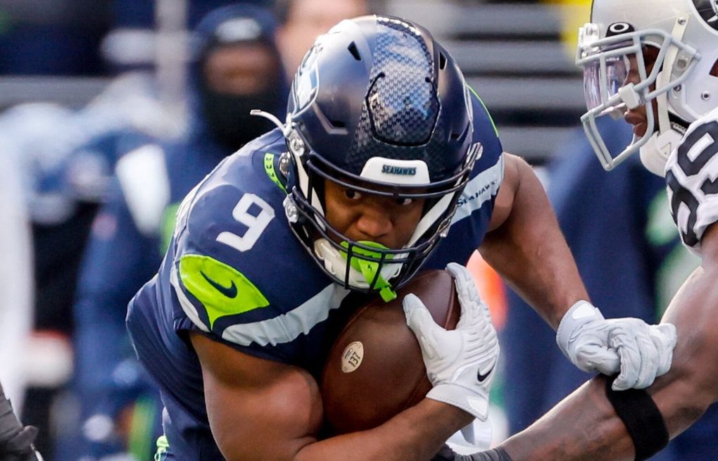 Seattle Seahawks running back Kenneth Walker III celebrats during an NFL  preseason football game against the Dallas Cowboys, Saturday, Aug. 19,  2023, in Seattle. The Seahawks won 22-14. (AP Photo/Stephen Brashear Stock