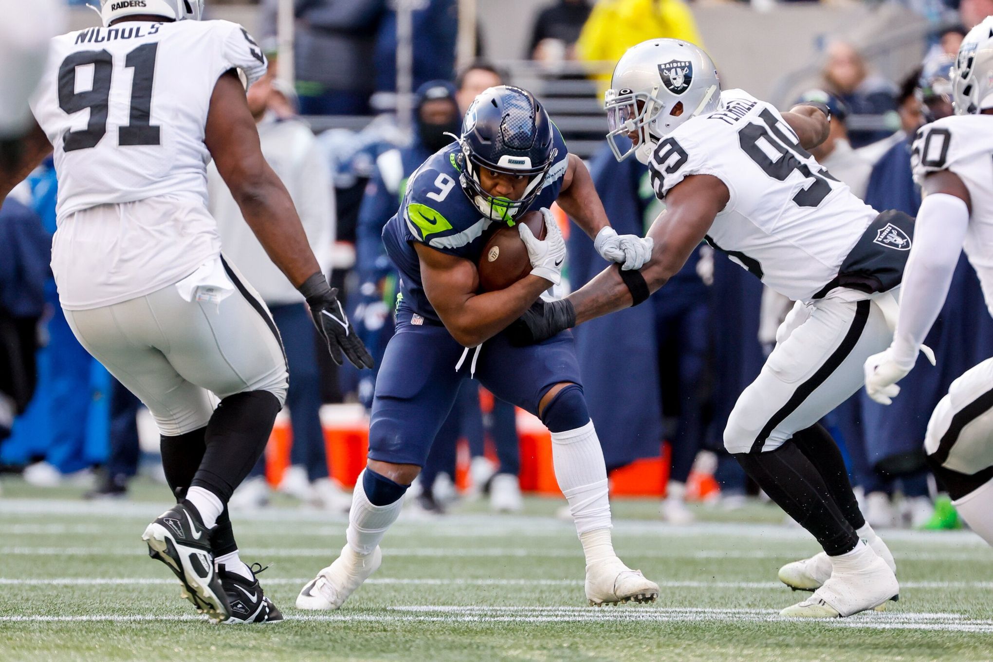 Seattle Seahawks running back Kenneth Walker III (9) wears customized  cleats before an NFL football game against the Los Angeles Rams, Sunday,  Dec. 4, 2022, in Inglewood, Calif. (AP Photo/Kyusung Gong Stock