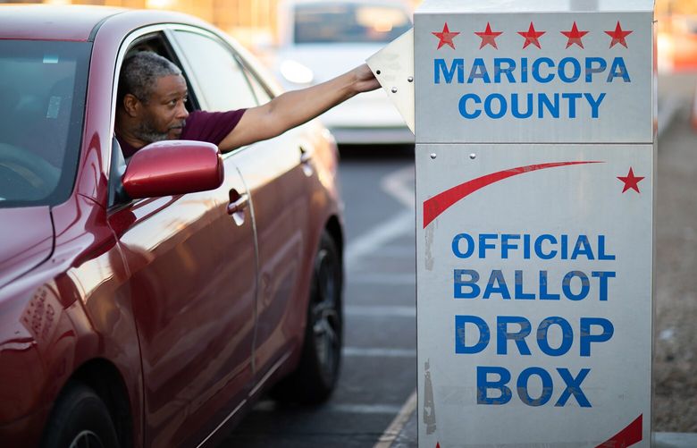 FILE — A ballot drop box in Phoenix, Nov. 6, 2022. Two organizations spent $32 million in November’s midterm elections in an effort to turn out young voters and people of color with messages about threats to freedom and democracy and with a particular focus on Arizona, Michigan and Wisconsin. (Caitlin O’Hara/The New York Times) XNYT204 XNYT204