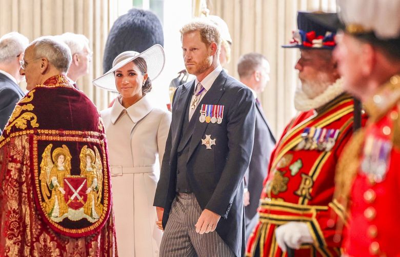 Britain’s Prince Harry and Meghan, Duchess of Sussex arrive to attend a service of thanksgiving for the reign of Queen Elizabeth II at St Paulâ€™s Cathedral in London, Friday June 3, 2022 on the second of four days of celebrations to mark the Platinum Jubilee. The events over a long holiday weekend in the U.K. are meant to celebrate the monarchâ€™s 70 years of service. (Richard Pohle/Pool Photo via AP) LGK125