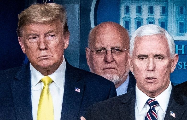 President Donald Trump, with Vice President Mike Pence, and the rest of the coronavirus task force, speaks about covid-19 in the briefing room at the White House on Monday, March 9, 2020. MUST CREDIT: Washington Post photo by Jabin Botsford.