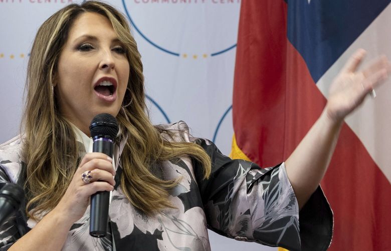 FILE – Republican National Committee Chair Ronna McDaniel speaks to a packed room at the opening of the RNC’s new Hispanic Community Center in Suwanee, Ga., June 29, 2022. McDaniel, the former president’s hand-picked choice back in 2017 and the niece of Utah Sen. Mitt Romney, is running to lead the RNC for a fourth term. (AP Photo/Ben Gray, File) WX201 WX201