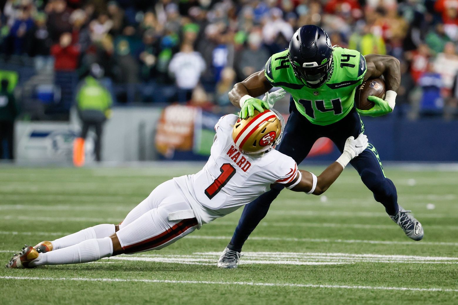 Seattle Seahawks' DK Metcalf stands on the field against the Chicago Bears  during the second half of an NFL football game, Sunday, Dec. 26, 2021, in  Seattle. (AP Photo/Lindsey Wasson Stock Photo 