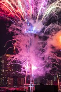 Fireworks adorn the Seattle skyline from the Space Needle as part of the New Year’s Eve celebration seen from Kerry Park. (Daniel Kim / The Seattle Times)