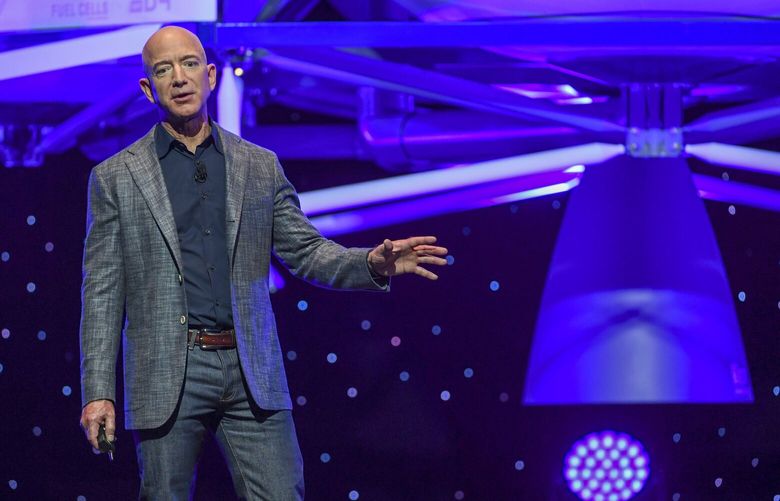 Jeff Bezos, founder of Amazon, Blue Origin and owner of The Washington Post, introduces the lunar lander “Blue Moon” at the Walter E. Washington Convention Center in Washington on May 9, 2019. (Washington Post photo by Jonathan Newton)