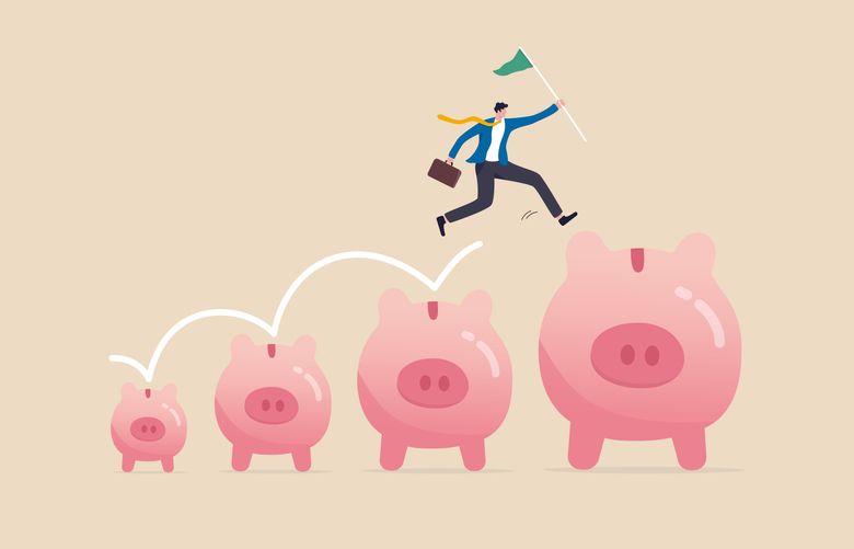 Investment and savings growth, salary or profit increase, making more money and collect more wealth concept, business man jumping from small piggy bank to bigger profit to achieve financial goal.