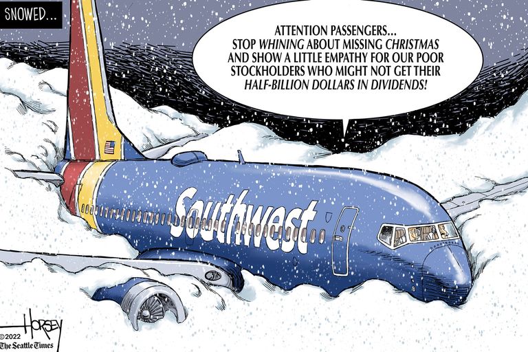 Southwest Airlines plane buried in snow.  Pilot says over the intercom, 