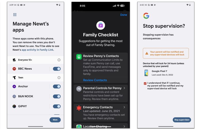 The parental controls bundled with smartphone software from Apple, shown in dark mode, and Google. (Apple, left; Google, right, via The New York Times) 