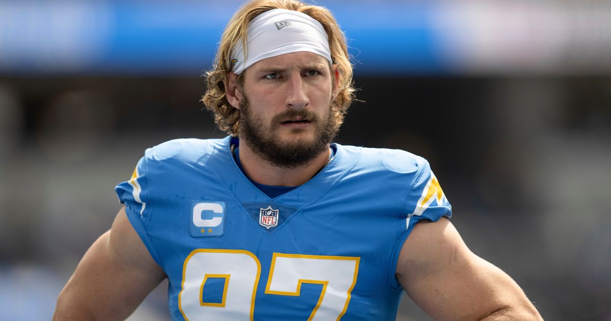 September 12, 2021: Los Angeles Chargers defensive end Joey Bosa (97)  stretches before the NFL regular season game between the Los Angeles  Chargers and the Washington Football Team at FedEx Field in