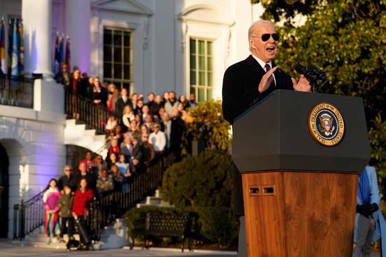 President Joe Biden speaks during a bill signing ceremony for the Respect for Marriage Act, Tuesday, Dec. 13, 2022, on the South Lawn of the White House in Washington.