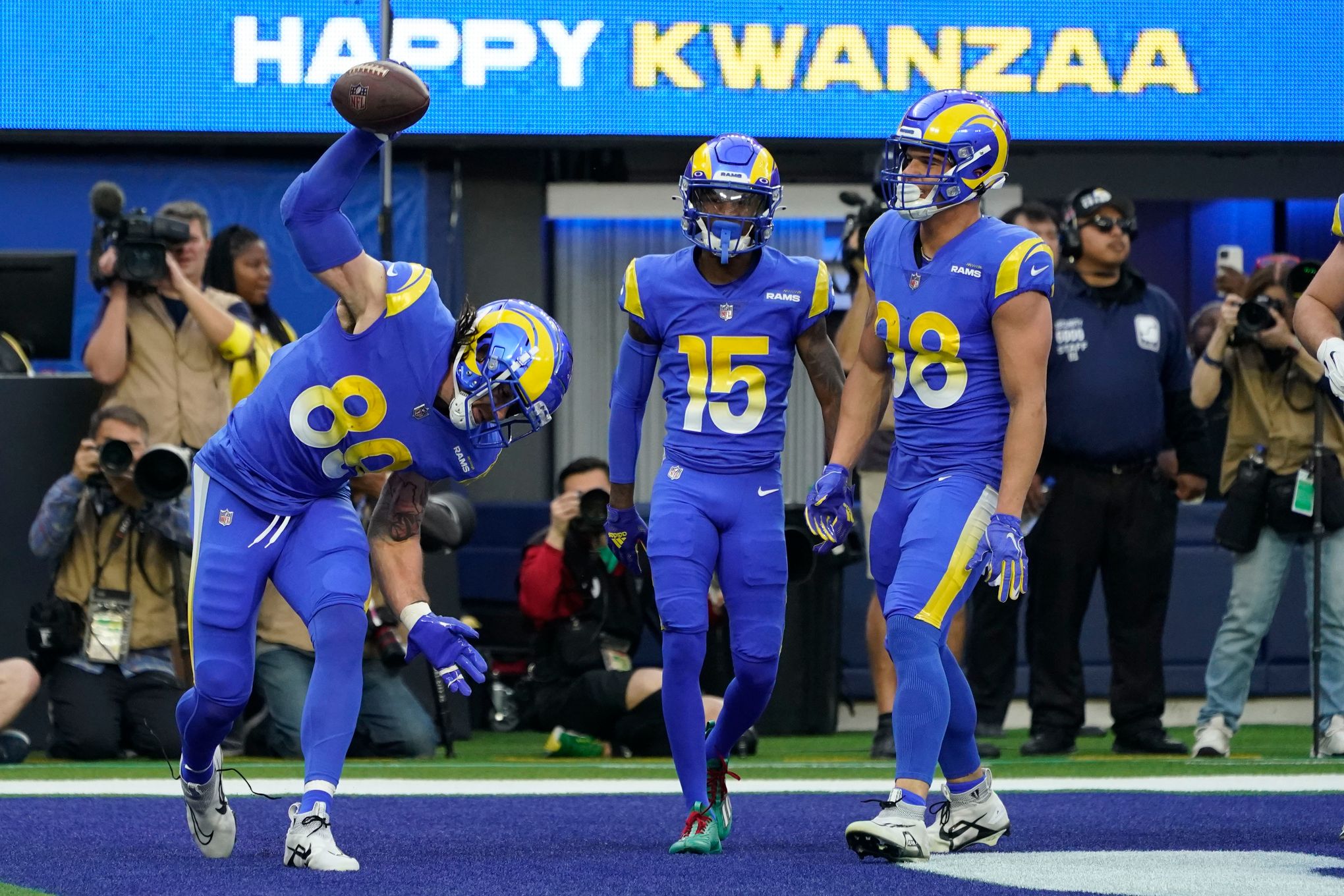 Cobie Durant of the Los Angeles Rams intercepts a pass during the