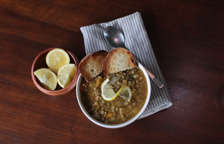Green Lentil and Spinach Soup with Lemon from “Dairy Hollow House Soup & Bread.” (Jennifer Luxton / The Seattle Times) 