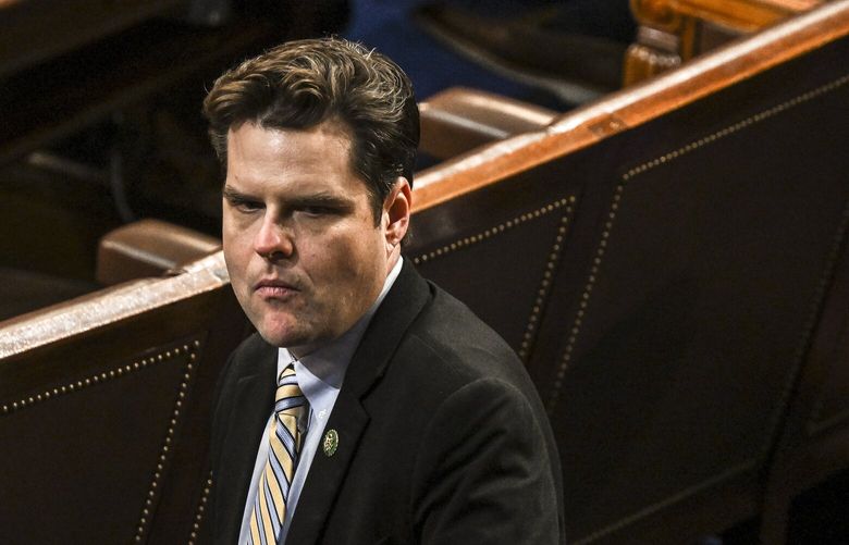 Rep. Matt Gaetz (R-Fla.) appears in the House chamber as voting for the next House Speaker continues for a third day, at the Capitol in Washington on Thursday, Jan. 5, 2023. Rep. Kevin McCarthy (R-Calif.) on Thursday lost an eighth vote for the speakership, even after offering fresh concessions to a hard-right band of G.O.P. rebels in a desperate effort to lock down the votes in the House. (Kenny Holston/The New York Times) XNYT121 XNYT121