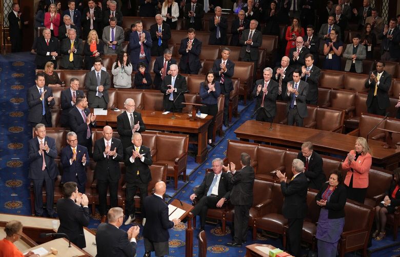 House members applaud as voting for the next House Speaker continues for a third day, at the Capitol in Washington on Thursday, Jan. 5, 2023. Rep. Kevin McCarthy (R-Calif.) on Thursday offered fresh concessions to hard-right Republicans refusing to back him for House speaker, as a historic deadlock that has paralyzed Congress entered its third day with no resolution. (Haiyun Jiang/The New York Times) XNYT178 XNYT178