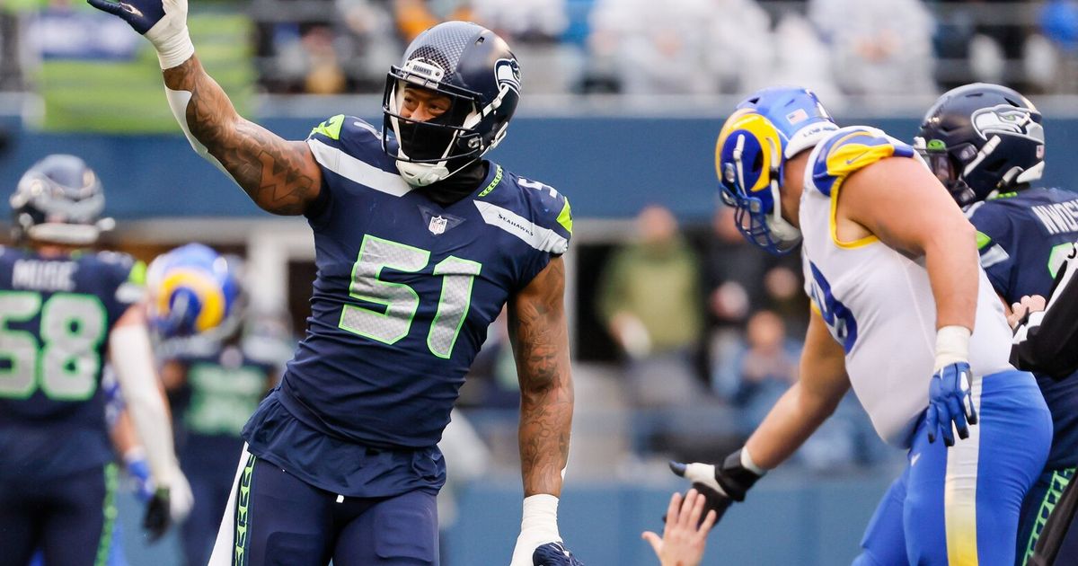 Seattle Seahawks linebacker Tanner Muse (58) looks on during an NFL  football game against the Las