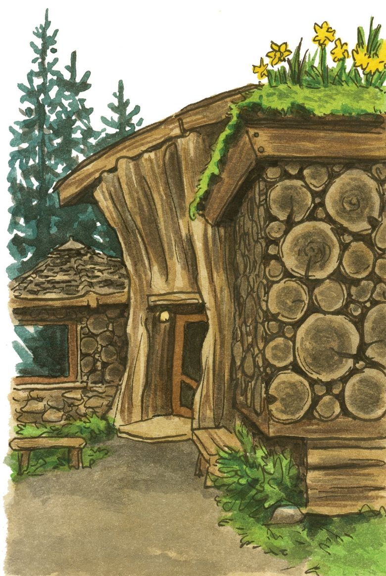 The Hornby Island Community Hall is the pinnacle of creative reuse and eco-artistry. The structure is built from a fallen old-growth stump, log-round cladding and a sod roof. (Chandler O’Leary)