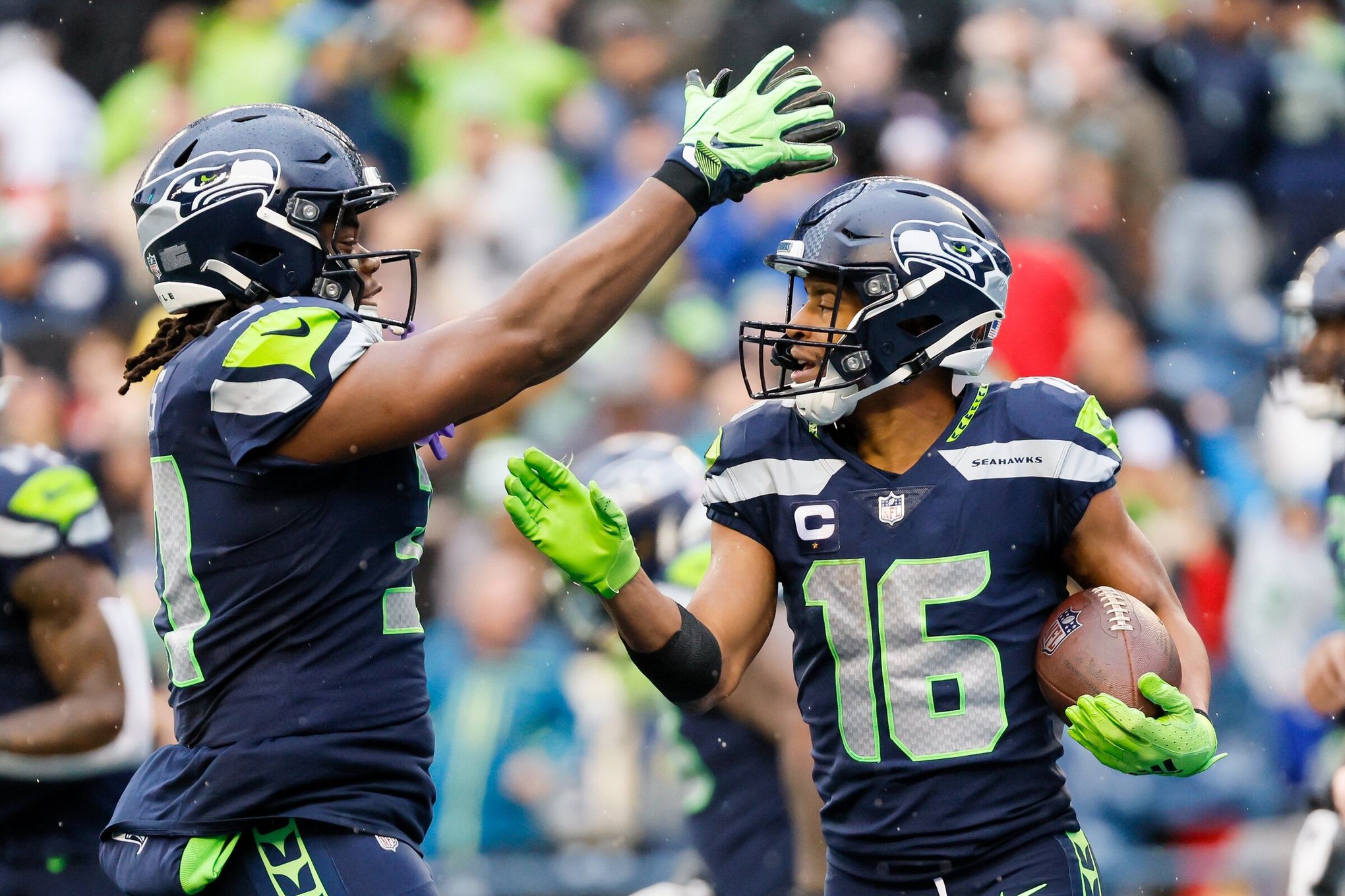 Getting our spirit on at the Seahawks Pro Shop - New Day NW