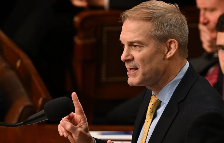 Rep. Jim Jordan (R-Ohio), nominates Rep. Kevin McCarthy, (R-Calif.), for House Speaker ahead of a second round of voting in the House Chamber on Capitol Hill, in Washington on Tuesday, Jan. 3, 2023. McCarthy lost the support of more than a dozen Republicans, leaving him all but certain to fail in the first vote for speaker. He needs a majority of the House to get the job, and no Democrats are expected to back him. (Kenny Holston/The New York Times) XNYT206 XNYT206