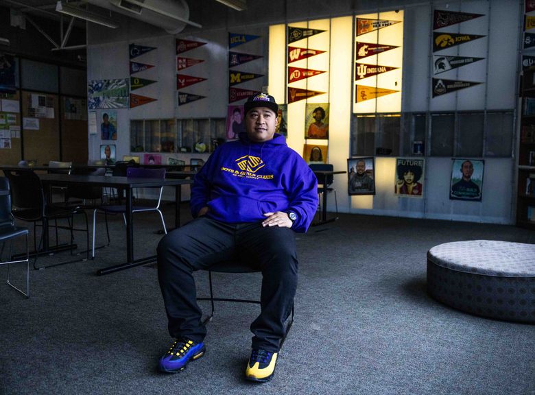 Duwayne Le’i is operations director at the Federal Way Boys &#038; Girls Club&#8217;s teen center, which borders the Steel Lake Park Annex. He says most kids who spend time at the center can’t afford to join sports teams in organized leagues, so the chance to play for free at the park is important. (Daniel Kim / The Seattle Times)