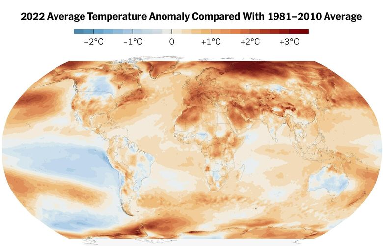 Climate data provided by the European Union’s Copernicus Climate Change Service shows 2022’s average temperatures compared to 1981-2010. The world remained firmly in warming’s grip in 2022, with extreme summer temperatures in Europe, China and elsewhere contributing the fifth-hottest year on record, European climate researchers said on January 10, 2023. (Copernicus/ECMWF via The New York Times) 
— NO SALES; FOR EDITORIAL USE ONLY WITH  RECORD HEAT by FOUNTAIN and ROJANASAKUL of JAN. 10, 2023. ALL OTHER USE PROHIBITED. —
 XNYT1 XNYT1