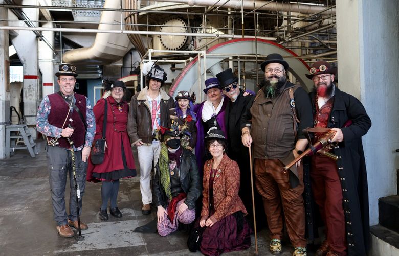 The Seattle Steamrats meet at the Georgetown Steam Plant in Seattle on Saturday, January 14, 2023. The Seattle Steamrats is a steampunk group that embrace science fiction and the Victorian era where steam was the main source of energy and espouses a world where if that world had never progressed to the modern world. “We enjoy dressing for what we think the aesthetic of the Victorian era would be today if steam was still the main source of energy.” The future the way it was.” if we had gone that way.