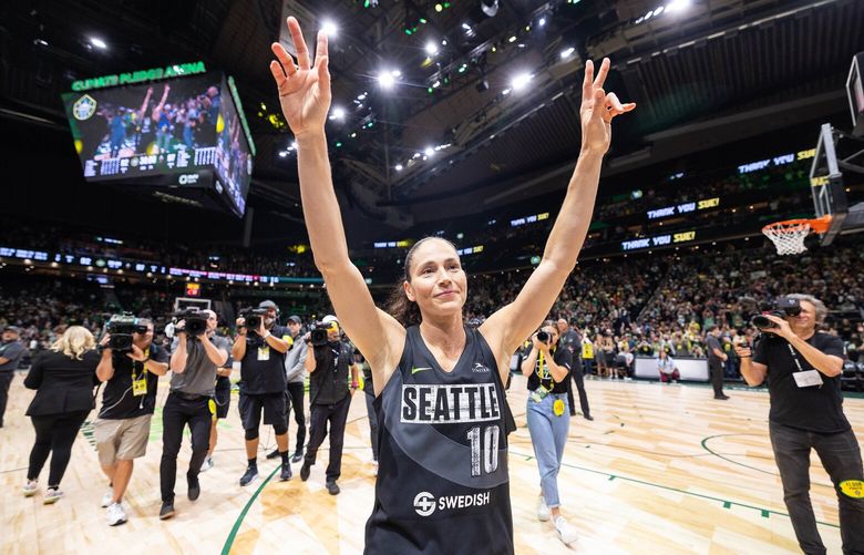 Sue Bird salutes the Storm fans after her season and career ended with a 97-92 loss to the Las Vegas Aces in Game 4 of the WNBA Semifinals on Sept. 6.
Bird, who turned 42 in October, played her entire 21 year career with the Storm.