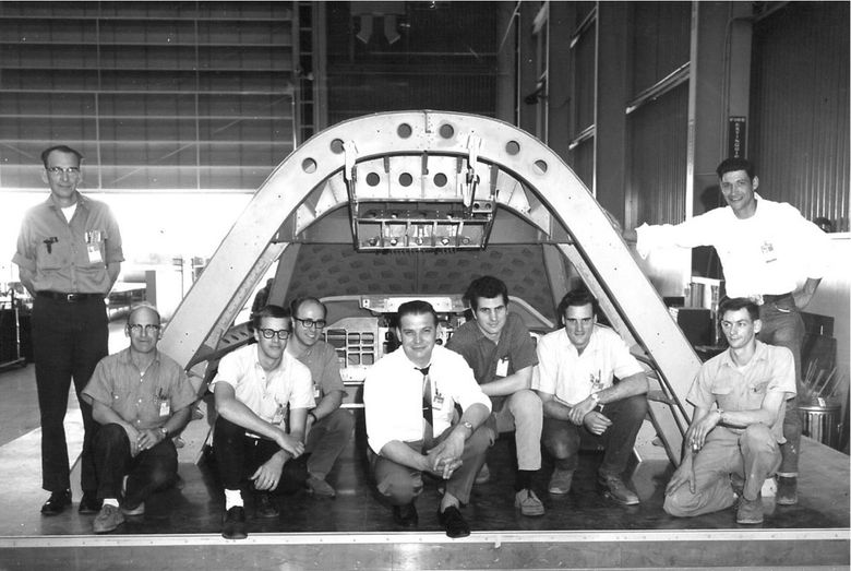 Henry Marmion, known as Hank, pictured at center in 1967 or ’68, was manager of the engineering team that built a mock-up of the first 747 flight deck in the upper portion of the airplane’s nose. One of the original 747 “Incredibles,” Hank died in early 2020. (Courtesy of Darrell Marmion)