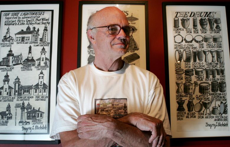 BLACKSTOCK – GARDE RAIL GALLERY SEATTLE – 09/27/06
Gregory Blackstock is a self-taught artist, seen at the Garde Rail Gallery in Pioneer Square with some of his work. “Our State Lighthouses,” left, is a 2000 work, and “The Drums,” right, was made in 2003.