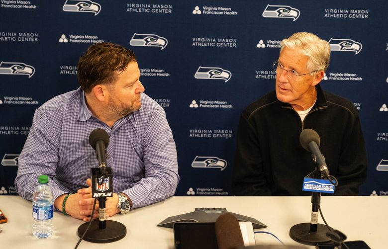 John Schneider and Pete Carroll talk about  Charles Cross, an offensive lineman out of Mississippi State, who was taken by the Seahawks in the first round of the NFL Draft  Thursday, April 28, 2022. 220256