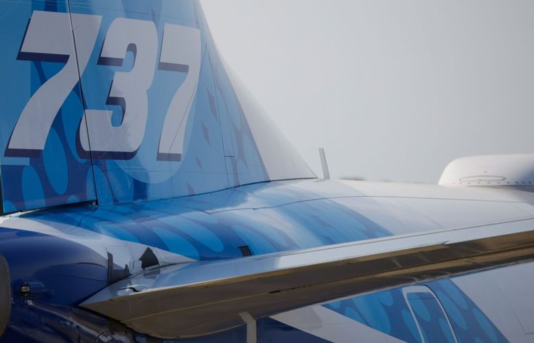 The tailfin of a Boeing 737 Max 10 aircraft at the static display on the opening day of the Farnborough International Airshow in England on July 18, 2022. (Jason Alden/Bloomberg)