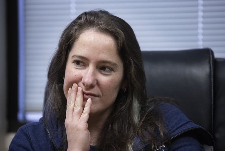 Rachel Nelson of Granite Falls, an electrician apprentice in the Puget Sound Electrical Joint Apprenticeship and Training program in Renton, speaks about the program. (Ellen M. Banner / The Seattle Times)