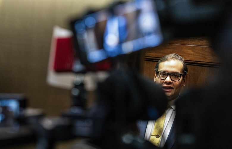 Rep. George Santos (R-N.Y.) enters an elevator on Capitol Hill, in Washington on Thursday, Jan. 12, 2023. How, in this day and age, did the congressman’s web of lies manage to avoid detection from his Democratic opponents and the media? (Haiyun Jiang/The New York Times) XNYT194 XNYT194