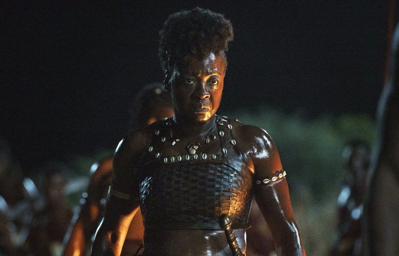 Viola Davis in “The Woman King.” (Ilze Kitshoff / Sony Pictures via The Associated Press)