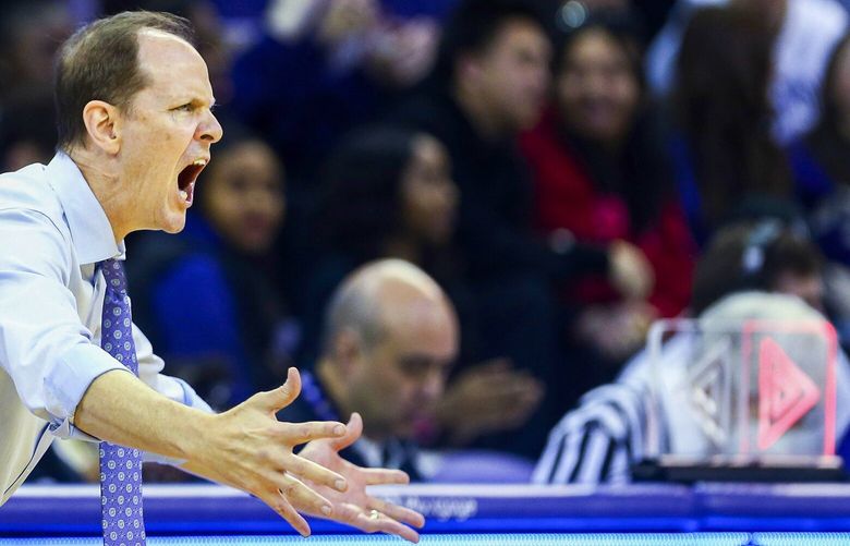 Washington coach Mike Hopkins reacts on the sideline during the second half of the team’s NCAA college basketball game against California on Saturday, Jan. 14, 2023, in Seattle. (AP Photo/Lindsey Wasson) WALW113