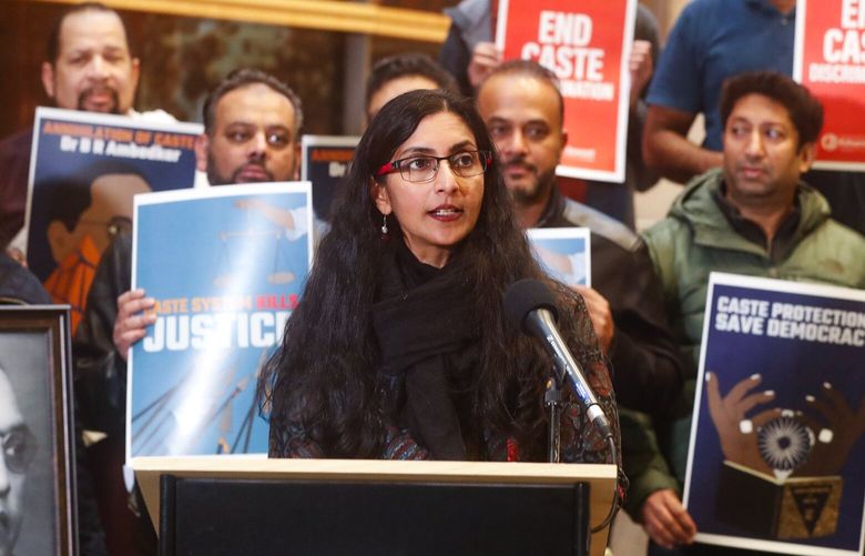 Councilmember Kshama Sawant announces her intent introduce legislation to combat caste discrimination in Seattle at a press conference in the Seattle City Hall lobby, January 24, 2023. 222866
