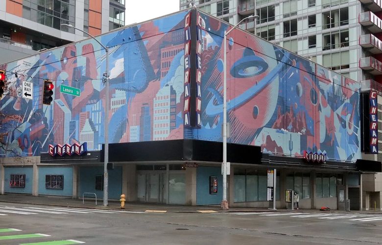 Paul Allen’s Cinerama Theatre, 2100 4th Avenue, sits empty while his estate decides what to do with the property. Photographed January 18, 2023. 222 (Greg Gilbert / The Seattle Times)