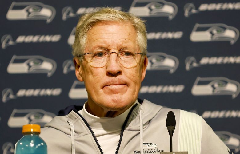 Seattle Seahawks head coach Pete Carroll speaks at a news conference after an NFL wild card playoff football game against the San Francisco 49ers in Santa Clara, Calif., Saturday, Jan. 14, 2023. (AP Photo/Josie Lepe) FXN184